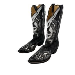 J.B. Dillon Black White Goat Leather Cowgirl Boots 6 Wings Cross Mexico Western